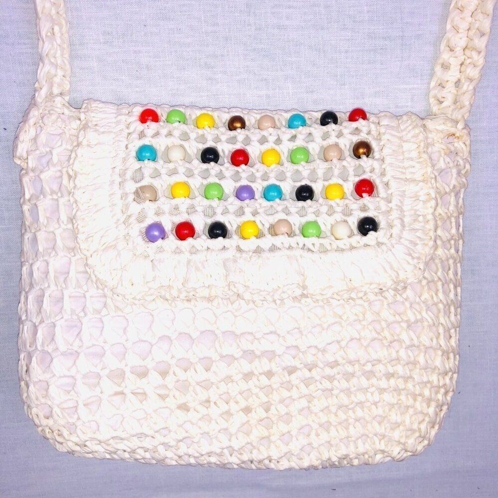 Vintage 60s Simon Womens Pocketbook Off White Crochet Shoulder Bag Beads New